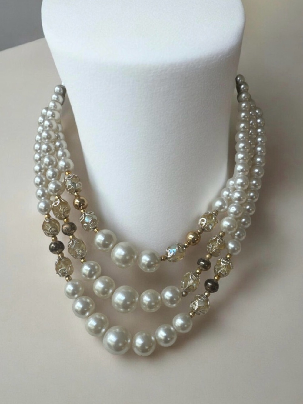 Elegant Multi-Strand Pearl and Crystal Necklace - Cream & Gold | Made In Japan
